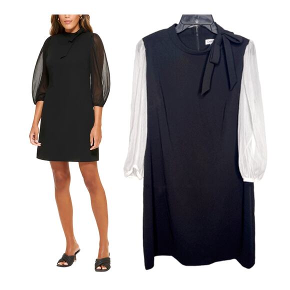 Calvin Klein 14 Illusion $99 Bow Tie Neck Sheer Long Sleeve Dress Black White - Picture 1 of 9